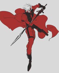 Rule 34 | 1boy, belt, black gloves, boots, closed mouth, coat, dante (devil may cry), devil may cry, devil may cry (series), devil may cry 2, gloves, gun, hair over one eye, holding, holding weapon, male focus, orillkri, aiming, rebellion (sword), red coat, simple background, solo, sword, weapon, white hair