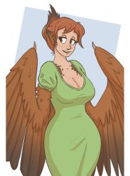 Rule 34 | 1girl, animal ears, arms up, bird ears, blue background, breasts, brown eyes, brown feathers, brown hair, brown wings, claws, cleavage, dress, feathered wings, feathers, folded ponytail, green dress, hair up, harpy, highres, large breasts, mature female, monster girl, mother hen (slightlysimian), open mouth, original, short sleeves, slightlysimian, smile, solo, two-tone background, white background, wide sleeves, winged arms, wings