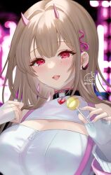 Rule 34 | 1girl, :d, black collar, blush, breasts, candy, choker, collar, crop top, earrings, fingerless gloves, food, gloves, goddess of victory: nikke, hair intakes, heart collar, highres, holding, holding candy, holding food, holding lollipop, horns, jewelry, large breasts, light brown hair, lollipop, long hair, mask, mask pull, mouth mask, nail polish, open mouth, red eyes, sidelocks, sigggrain, signature, smile, solo, teeth, twitter username, upper body, upper teeth only, viper (nikke), white gloves, zipper