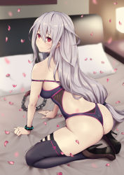 Rule 34 | 1girl, absurdres, arknights, ass, back, back cutout, bare shoulders, bed sheet, black footwear, blush, bracelet, breasts, chain, closed mouth, clothing cutout, competition swimsuit, frown, full body, hair between eyes, high heels, highres, jewelry, long hair, low-tied long hair, medium breasts, on bed, one-piece swimsuit, petals, pillow, purple one-piece swimsuit, purple thighhighs, red eyes, shoe soles, sidelocks, silver hair, skadi (arknights), solo, spread legs, strap slip, swimsuit, thighhighs, very long hair, yunkaiming