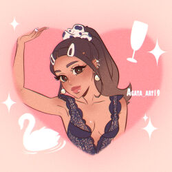 Rule 34 | 1girl, animification, ariana grande, artist name, black dress, breasts, bright pupils, brown eyes, brown hair, collarbone, dress, earrings, glint, hair ornament, hair scrunchie, head tilt, heart, instagram username, jewelry, lace dress, long hair, looking at viewer, pearl earrings, pirorin21century, ponytail, real life, scrunchie, small breasts, smile, solo, sparkle, white pupils