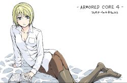 Rule 34 | 1girl, armored core, armored core: for answer, armored core 4, blonde hair, book, female focus, fiona jarnefeldt, formal, from software, lying, pantyhose, short hair, skirt, solo, tatuya, white background