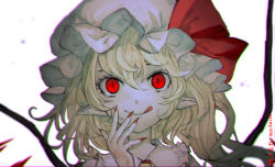 Rule 34 | 1girl, :q, artist name, ascot, blonde hair, commentary request, crystal, fingernails, flandre scarlet, hair between eyes, hand up, hat, hat ribbon, highres, long fingernails, long hair, mob cap, mochacot, nail polish, one side up, pointy ears, portrait, red eyes, red nails, red ribbon, ribbon, slit pupils, smile, solo, tongue, tongue out, touhou, white background, white hat, wings, yellow ascot