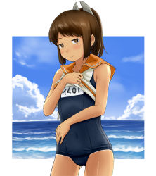 Rule 34 | 10s, 1girl, brown eyes, brown hair, clothes lift, clothes writing, emonyu, i-401 (kancolle), kantai collection, name tag, one-piece swimsuit, ponytail, sailor collar, school swimsuit, school uniform, serafuku, shirt lift, short ponytail, smile, solo, swimsuit, swimsuit under clothes, tan, tanline