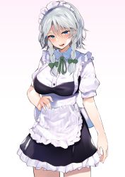 Rule 34 | 1girl, apron, asuzemu, black dress, blue eyes, blush, bow, braid, breasts, commentary request, cowboy shot, dress, frilled apron, frills, gradient background, green bow, green ribbon, hair between eyes, hair bow, hand on own hip, head tilt, highres, izayoi sakuya, large breasts, looking at viewer, maid, maid apron, maid headdress, neck ribbon, open mouth, petticoat, pink background, puffy short sleeves, puffy sleeves, ribbon, shirt, short hair, short sleeves, silver hair, smile, solo, standing, touhou, twin braids, waist apron, white apron, white background, white shirt
