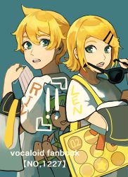 Rule 34 | 1boy, 1girl, aqua background, aqua eyes, back-to-back, blonde hair, blue eyes, character name, copyright name, cover, cover page, eyebrows hidden by hair, unworn eyewear, gradient eyes, hair between eyes, holding, holding clothes, holding removed eyewear, kagamine len, kagamine rin, looking at viewer, manga cover, merchandise, multicolored eyes, necktie, nunosei, open mouth, sailor collar, shirt, short sleeves, simple background, sunglasses, teeth, upper teeth only, vocaloid, white shirt, yellow bag, yellow necktie