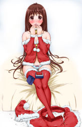 Rule 34 | 1girl, bed, bed sheet, bell, belt, blush, bobblehat, brown eyes, brown hair, buckle, christmas, collar, elbow gloves, female focus, full body, fur trim, gloves, hat, highres, himadarou, jewelry, legs together, long hair, looking at viewer, neck bell, on bed, original, panties, pom pom (clothes), red skirt, ring, santa costume, santa hat, sitting, skirt, solo, striped clothes, striped panties, thighhighs, underwear, unworn hat, unworn headwear, unworn skirt