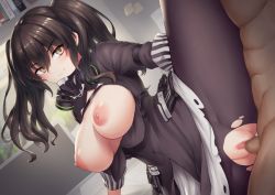 Rule 34 | 1boy, 1girl, black hair, black pantyhose, blush, breasts, breasts out, censored, closed mouth, commentary, commentary request, english commentary, girls&#039; frontline, hair between eyes, hetero, indoors, large breasts, long hair, mask, mask around neck, mingke, nipples, pantyhose, partial commentary, penis, pussy, respirator, sangvis ferri, scarecrow (girls&#039; frontline), sex, smile, solo focus, torn clothes, torn legwear, twintails, vaginal, yellow eyes