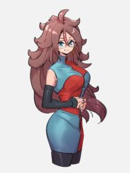 Rule 34 | 1girl, android 21, blue eyes, breasts, brown hair, checkered clothes, checkered dress, dragon ball, dragon ball fighterz, dress, grey background, hat, kemachiku, long hair, looking at viewer, medium breasts, pantyhose, simple background, smile, solo