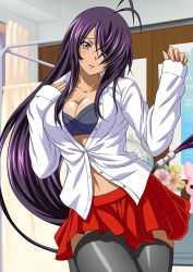 Rule 34 | 1girl, :d, absurdly long hair, black bra, bra, breasts, cleavage, collarbone, collared shirt, dress shirt, floating hair, grey eyes, grey thighhighs, hair over one eye, ikkitousen, indoors, kan&#039;u unchou, long hair, long sleeves, looking at viewer, low-tied long hair, medium breasts, midriff, miniskirt, navel, open clothes, open mouth, open shirt, partially unbuttoned, pleated skirt, purple hair, red skirt, school uniform, shiny clothes, shiny legwear, shiny skin, shirt, skirt, sleeves past wrists, smile, solo, stomach, stuffed animal, stuffed rabbit, stuffed toy, thighhighs, underwear, very long hair, white shirt, wing collar