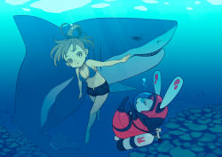 Rule 34 | 1girl, air bubble, barefoot, bikini, bikini top only, breath, brown eyes, brown hair, bubble, rabbit, denim, denim shorts, diving, feet, freediving, hair up, hare of inaba, hare of inaba (character), holding breath, navel, original, puffy cheeks, scuba, shark, shorts, solo, swimming, swimsuit, toes, ukokkei, unbuttoned, underwater