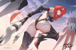 Rule 34 | 1girl, ahoge, ass, blue sky, boots, breasts, butt crack, cleavage, cloud, covered clitoris, elbow gloves, gloves, gu tao, hair ornament, high heels, highleg, highleg leotard, highres, holding, holding spear, holding weapon, large breasts, leotard, low twintails, pink eyes, polearm, red hair, sky, sky diver xipuria, spear, thigh boots, thighhighs, twintails, weapon, wrist guards