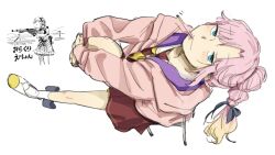 1girl 524ryo ahoge anyoji_hime black_bow black_ribbon blonde_hair blue_eyes blunt_bangs blush bow bow_legwear brown_dress closed_mouth commentary_request dress food food_in_mouth full_body gradient_hair gun hair_intakes hair_ribbon hasu_no_sora_school_uniform highres hood hooded_jacket inset jacket knee_up link!_like!_love_live! long_hair long_sleeves looking_at_viewer love_live! miracreation mouth_hold multi-tied_hair multicolored_hair neckerchief on_chair open_clothes open_jacket pink_hair pink_jacket pleated_dress pocky pocky_in_mouth ponytail ribbon rifle sailor_collar sailor_dress school_uniform shadow shoes short_dress sidelocks simple_background sitting smile socks solo swept_bangs uwabaki very_long_hair virtual_youtuber weapon white_background white_sailor_collar white_socks winter_uniform yellow_footwear yellow_neckerchief