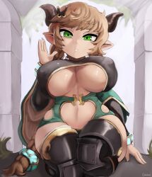 Rule 34 | 1girl, absurdres, black thighhighs, bracelet, braid, breasts, carmelina (granblue fantasy), clothing cutout, covered erect nipples, cowboy shot, cranihum, granblue fantasy, green eyes, highres, horns, jewelry, large breasts, long sleeves, looking at viewer, navel, navel cutout, open mouth, outdoors, pillar, pointy ears, shortstack, sitting, solo, thighhighs, twin braids, underboob