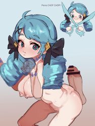 Rule 34 | 1girl, absurdres, alternate breast size, bar censor, belle lewd, bent over, blue eyes, blue hair, breasts, censored, disembodied penis, drill hair, english text, erection, gwen (league of legends), hetero, highres, league of legends, long hair, medium breasts, nipples, nude, penis, penis on ass, scissors, twin drills, twintails