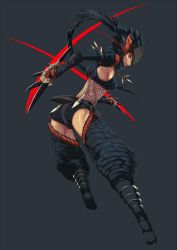Rule 34 | 1girl, armlet, ass, black gloves, black hair, black panties, blade, capcom, dagger, dual wielding, forehead protector, gauntlets, gloves, highres, holding, jewelry, knife, long hair, looking back, monster hunter (series), nargacuga (armor), necklace, os (ososos), panties, red eyes, simple background, solo, thighhighs, thighs, underwear, weapon