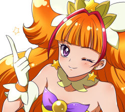 Rule 34 | 1girl, ;), amanogawa kirara, bare shoulders, choker, cure twinkle, detached collar, earrings, gloves, go! princess precure, index finger raised, jewelry, kagami chihiro, long hair, looking at viewer, magical girl, multicolored hair, one eye closed, orange hair, precure, purple eyes, red hair, smile, solo, star (symbol), star earrings, streaked hair, twintails, two-tone hair, upper body, white gloves