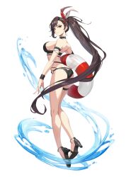 Rule 34 | 1girl, armband, artist request, bikini, breasts, brown hair, closed mouth, from behind, full body, ha yuri zahard, hair tie, highres, holding floatie, medium breasts, o-ring, o-ring bikini, official art, ponytail, red eyes, solo, strappy heels, swimsuit, tower of god, transparent background, wrist cuffs