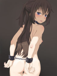 Rule 34 | 1girl, arms behind back, ass, back, bdsm, blue eyes, blush, bondage, bound, bound wrists, breasts, brown hair, butt crack, collar, completely nude, cuffs, female focus, from behind, long hair, looking at viewer, looking back, meow (nekodenki), nipples, nude, original, ponytail, restrained, small breasts, solo, very long hair