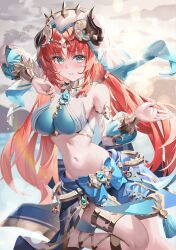 Rule 34 | 1girl, absurdres, aqua eyes, arm up, bare shoulders, blue bow, blue gemstone, blue skirt, blush, bow, bracer, breasts, brooch, circlet, crop top, detached sleeves, fake horns, floating hair, gem, genshin impact, gladiator sandals, gold trim, hao (mwhy4538), harem outfit, highres, horns, jewelry, leg up, long hair, long sleeves, looking at viewer, low twintails, medium breasts, neck ring, nilou (genshin impact), parted bangs, parted lips, puffy long sleeves, puffy sleeves, red hair, sandals, skirt, solo, standing, standing on one leg, tassel, thighlet, thighs, twintails, veil, white headwear