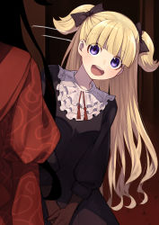 Rule 34 | 2girls, absurdres, black bow, black dress, black gloves, blonde hair, blunt bangs, blush, bow, dress, emilico (shadows house), gloves, hair bow, highres, juliet sleeves, kate (shadows house), long hair, long sleeves, multiple girls, open mouth, puffy sleeves, purple eyes, red dress, shadow (shadows house), shadows house, tamago sando, two side up