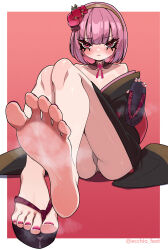 Rule 34 | 1girl, absurdres, barefoot, blush, ecchi-o, feet, hairband, highres, hololive, hololive english, japanese clothes, looking at viewer, medium hair, mori calliope, panties, pantyshot, pink hair, red eyes, sandals, soles, steam, toes, underwear, virtual youtuber, zouri