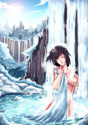 Rule 34 | 1girl, bathing, black hair, breasts, castle, closed eyes, female focus, forest, highres, image sample, kachima, large breasts, lens flare, nature, nude, original, short hair, solo, tattoo, tower, water, waterfall