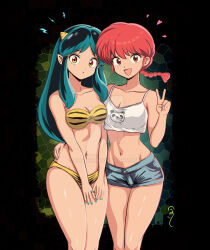 2girls animal_print aqua_nails bear_print bikini blue_shorts braid breasts cleavage collarbone cone_horns creator_connection crossover green_hair hand_on_another&#039;s_waist heart highres horns lightning_bolt_symbol looking_at_viewer lum multiple_girls navel nubrix orange_eyes panda_print pointy_ears print_bikini ranma-chan ranma_1/2 red_eyes red_hair short_shorts shorts sidelocks swimsuit tank_top tiger_print urusei_yatsura v white_tank_top