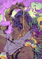 Rule 34 | 1boy, abs, ancient greek clothes, armlet, bara, bare pectorals, chest hair, cup, dark-skinned male, dark skin, dionysus (hades), dionysus (mythology), drinking glass, feet out of frame, food, fruit, grapes, greco-roman clothes, hades (series), hades 1, large pectorals, leg hair, long hair, male focus, mature male, muscular, muscular male, nantaimori, nipples, pectorals, plant, purple hair, smile, smoke, smug, solo, spilling, stomach, taki bert, thick thighs, thighs, wine glass