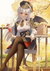 Rule 34 | 1girl, absurdres, blue archive, cup, demon wings, ginkgo tree, halo, haruna (blue archive), hat, highres, holding, holding cup, iicecall, looking at viewer, pantyhose, red eyes, school uniform, white hair, wings