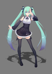 Rule 34 | 1girl, absurdres, aqua eyes, aqua hair, beamed quavers, breasts, contrapposto, detached sleeves, frills, full body, gradient hair, grey background, hair ribbon, hatsune miku, highres, long hair, looking at viewer, medium breasts, multicolored hair, musical note, project diva, project diva (series), rekaerb maerd, ribbon, shadow, simple background, smile, solo, standing, thighhighs, twintails, very long hair, vocaloid, zettai ryouiki