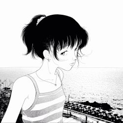 Rule 34 | 1girl, album cover, camisole, collarbone, cover, expressionless, flat chest, greyscale, highres, horizon, jewelry, looking at viewer, monochrome, necklace, ocean, original, outdoors, parted lips, ponytail, short hair, short ponytail, sky, upper body, water, yamamoto naoki