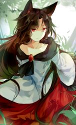 Rule 34 | 1girl, :|, animal ears, bare shoulders, brooch, brown hair, closed mouth, collarbone, commentary request, cowboy shot, dress, expressionless, facing viewer, imaizumi kagerou, jewelry, kutsuki kai, leaf, long hair, long sleeves, looking away, multicolored clothes, multicolored dress, off-shoulder dress, off shoulder, outdoors, parted bangs, red eyes, solo, standing, touhou, tree, wide sleeves, wolf ears