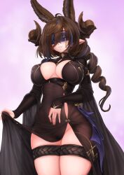 Rule 34 | 1girl, animal ears, barbariank, black dress, blindfold, blue hair, breasts, brown hair, brown horns, cleavage, cleavage cutout, clothing cutout, dress, drill hair, drill ponytail, extra ears, galleon (granblue fantasy), galleon (life&#039;s compassionate observer) (granblue fantasy), granblue fantasy, highres, horns, large breasts, long hair, long sleeves, multicolored hair, official alternate costume, pointy ears, purple blindfold, smile, solo, streaked hair, thigh strap