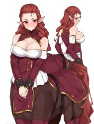 Rule 34 | 1girl, bare shoulders, blush, breasts, centaur, cleavage, cowboy shot, detached sleeves, highres, large breasts, long hair, long sleeves, looking at viewer, monster girl, multiple views, original, own hands together, pointy ears, red eyes, red hair, taur, todding, underbust