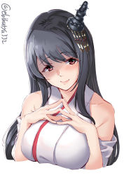 Rule 34 | 1girl, bare shoulders, black hair, blush, breasts, detached sleeves, ebifurya, fusou (kancolle), hair between eyes, hair ornament, headgear, highres, japanese clothes, kantai collection, large breasts, long hair, nontraditional miko, red eyes, simple background, smile, solo, twitter username, white background