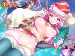 Rule 34 | 1girl, bare shoulders, bell, black thighhighs, blush, breasts, censored, choker, christmas, christmas tree, clothes lift, detached sleeves, from below, full moon, fur trim, gift, gloves, hat, highres, jingle bell, kasai shin, large breasts, moon, nipples, open clothes, open mouth, open shirt, original, panties, panty pull, pink eyes, pink hair, pink panties, pussy, ribbon, sack, santa costume, santa hat, shirt, skirt, skirt lift, solo, thighhighs, unbuttoned, underwear, wallpaper