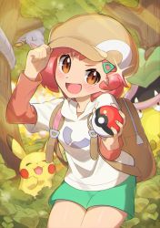 Rule 34 | 1girl, :d, absurdres, arbok, backpack, bag, blossom (pokemon), blush, brown bag, brown eyes, brown headwear, commentary request, creatures (company), day, eyelashes, game freak, gen 1 pokemon, green shorts, hair ornament, hairclip, hand on headwear, hat, highres, holding, holding poke ball, nintendo, open mouth, outdoors, pikachu, pink hair, poke ball, poke ball (basic), pokemon, pokemon (anime), pokemon (creature), poketoon, short hair, short sleeves, shorts, smile, taisa (lovemokunae), tongue, tree, v-shaped eyebrows, victreebel
