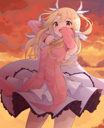 Rule 34 | 1girl, absurdres, arms up, blonde hair, breasts, cloud, cloudy sky, detached sleeves, dress, fate/kaleid liner prisma illya, fate (series), floating hair, gloves, highres, illyasviel von einzbern, long hair, looking at viewer, open mouth, orange sky, outdoors, pink dress, prisma illya, red eyes, sky, small breasts, smile, solo, standing, white gloves, yellow neckwear, ziro (zirorong)