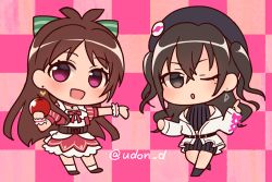 Rule 34 | 2girls, :o, artist name, badge, bare shoulders, beret, black headwear, bow, brown hair, button badge, checkered background, chibi, choker, coat, commentary request, crop top, crossed bangs, dress, dress bow, earrings, food, frilled cuffs, frilled dress, frilled skirt, frills, fruit, green bow, hair bow, hat, heart, heart earrings, holding, holding food, holding fruit, idolmaster, idolmaster cinderella girls, jewelry, knit skirt, looking at viewer, miniskirt, mole, mole under eye, multicolored background, multicolored hair, multiple girls, no pupils, off shoulder, one eye closed, outstretched arm, outstretched hand, pink background, pointing, pointing up, puffy short sleeves, puffy sleeves, red bow, red choker, ribbed skirt, ribbed sweater, short sleeves, sidelocks, simple background, skirt, split mouth, striped, striped bow, sunazuka akira, sweater, triangle earrings, tsujino akari, turtleneck, turtleneck sweater, twitter username, two-tone background, two-tone hair, udon (memai no kabe), underbust, v-shaped eyebrows, wrist cuffs