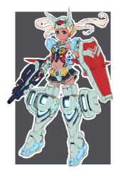 Rule 34 | 1girl, absurdres, ag 00000, blonde hair, blue eyes, braid, clenched hand, dark skin, dark-skinned female, fingerless gloves, floating hair, g-self, gloves, grey gloves, gun, gundam, gundam g no reconguista, highres, holding, holding gun, holding weapon, horns, looking at viewer, mecha musume, miniskirt, personification, skirt, solo, tongue, tongue out, weapon
