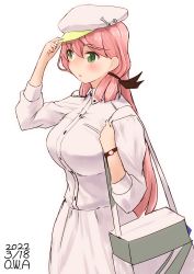 Rule 34 | 1girl, akashi (kancolle), bag, beret, blunt tresses, breasts, cowboy shot, dated, dress, green eyes, hair ribbon, hat, highres, kantai collection, large breasts, long hair, long sleeves, official alternate costume, owa (ishtail), pink hair, ribbon, simple background, solo, tress ribbon, twitter username, white background, white dress, white hat