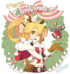 Rule 34 | 1girl, animal ears, antlers, belt, blonde hair, bow, breasts, brown gloves, christmas, cleavage, deer ears, deer tail, gift, gloves, heart, horns, long hair, midriff, navel, open mouth, original, ponytail, ribbon, small breasts, solo, tail, taruk, yellow eyes