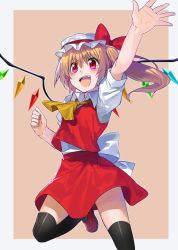 Rule 34 | 1girl, arm up, ascot, bad id, bad twitter id, black thighhighs, blonde hair, blush, erubo, fang, flandre scarlet, hat, open mouth, outstretched hand, red eyes, short hair, side ponytail, simple background, skirt, skirt set, smile, solo, thighhighs, touhou, waving, wings, zettai ryouiki