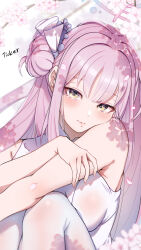 Rule 34 | 1girl, artist name, blue archive, blush, breasts, cherry blossoms, closed mouth, dress, flower, hair bun, hair flower, hair ornament, halo, highres, large breasts, long hair, looking at viewer, mika (blue archive), pantyhose, pink hair, pink halo, purple flower, signature, single side bun, sleeveless, sleeveless dress, solo, ticker (kks2ksy), white dress, white pantyhose, yellow eyes