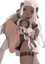Rule 34 | 1girl, absurdres, azur lane, barefoot, belt, black bow, black panties, blunt bangs, bow, breasts, brown eyes, cameltoe, dark-skinned female, dark skin, dress, fang, foot out of frame, frilled dress, frills, from below, green pupils, highres, leg up, long hair, looking at viewer, maid, maid headdress, nubian (azur lane), open mouth, panties, partially visible vulva, simple background, skindentation, small breasts, smile, smug, soles, solo, sp (8454), standing, thigh belt, thigh strap, toes, underwear, white background, white hair