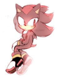 Rule 34 | 1boy, animal ears, artist name, black hair, blush, closed mouth, from side, gloves, highres, looking back, looking to the side, male focus, multicolored footwear, multicolored hair, red eyes, red hair, rocket boots, shadow the hedgehog, shoes, simple background, sketch, solo, sonic (series), spacecolonie, tail, two-tone hair, watermark, white background, white gloves