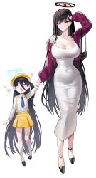 Rule 34 | 2girls, absurdly long hair, aris (blue archive), bag, black footwear, black hair, blue archive, blue halo, blue necktie, blush, breasts, cleavage, closed eyes, collarbone, collared shirt, dongtan dress, dress, flat chest, hair ornament, hairpin, halo, hat, highres, large breasts, long hair, long sleeves, meme attire, multiple girls, necktie, one side up, open mouth, picter, red eyes, rio (blue archive), shirt, shoes, smile, socks, very long hair, white dress, white shirt, white socks, yellow headwear