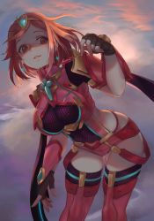 Rule 34 | 1girl, bad id, bad pixiv id, breasts, earrings, fingerless gloves, gloves, hair ornament, highres, jewelry, charm (object), large breasts, leaning forward, nintendo, parted lips, preview (preview0), pyra (xenoblade), red eyes, red hair, short hair, short shorts, shorts, solo, swept bangs, tiara, xenoblade chronicles (series), xenoblade chronicles 2