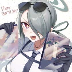 Rule 34 | + +, 1girl, absurdres, black gloves, black necktie, blue archive, blush, breasts, chipietsu, collared shirt, dvd case, eyewear on head, gloves, grey hair, hair over one eye, halo, happy birthday, highres, holding, large breasts, long hair, looking at viewer, mina (blue archive), necktie, open mouth, red eyes, shirt, simple background, solo, sunglasses, suspenders, upper body, white shirt